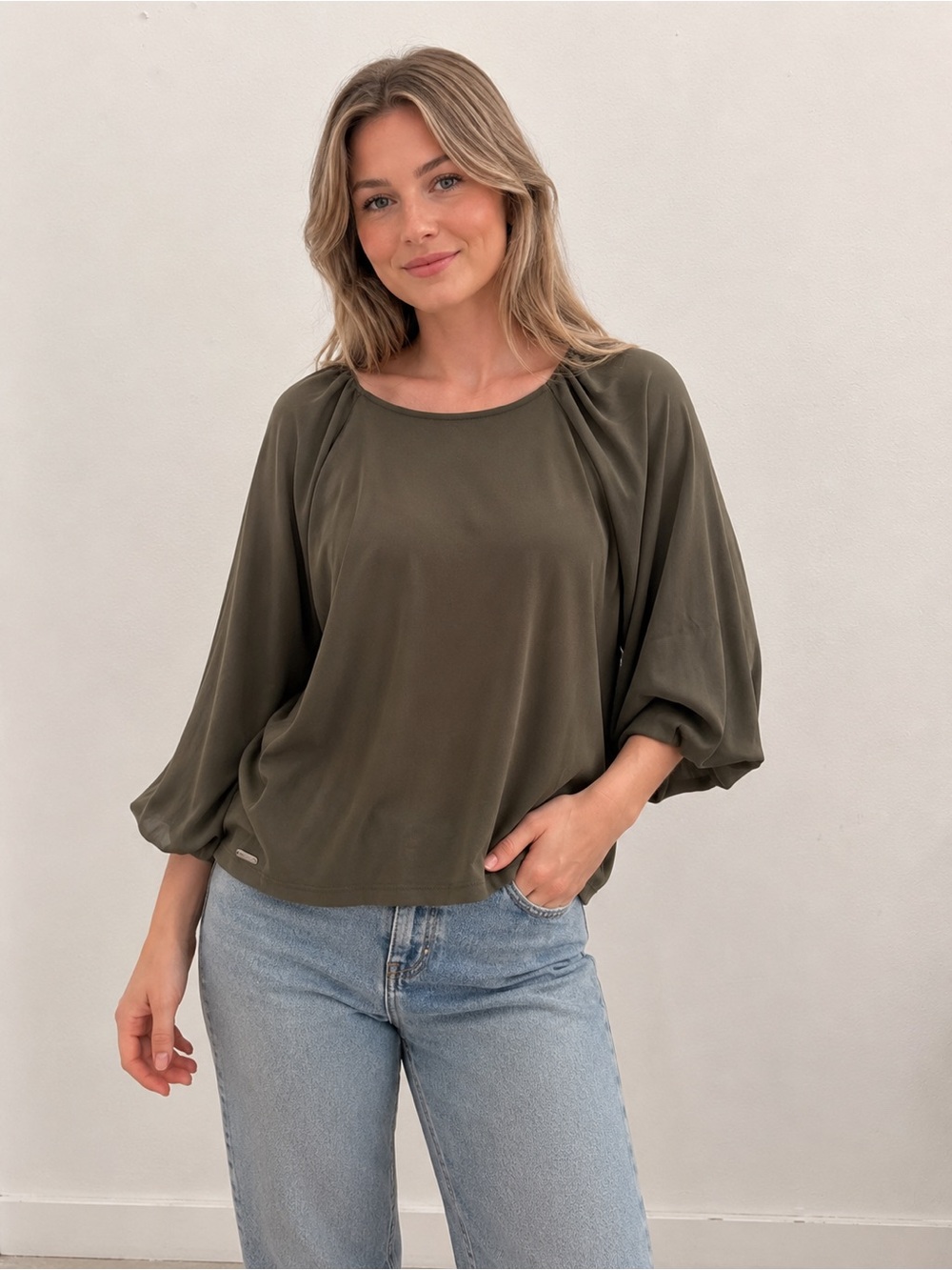 Calvin Klein Olive Green Balloon Sleeve Blouse